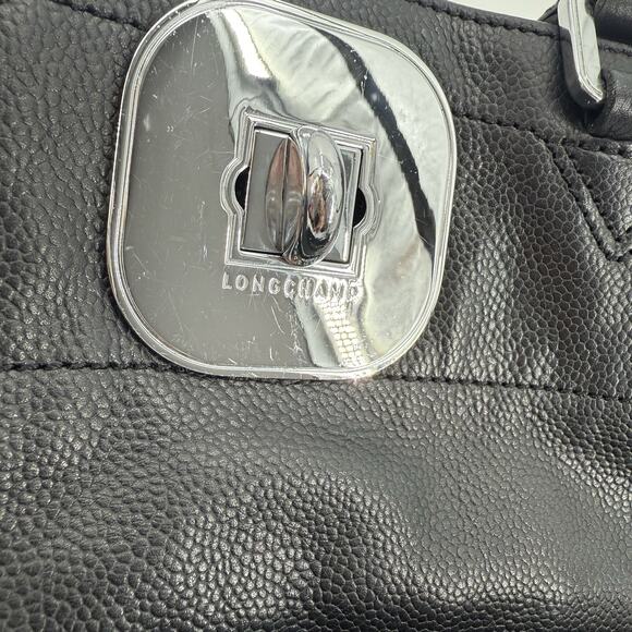 Longchamp Gatsby Black Leather Satchel Chic Handbag Embossed Jockey Horse Logo - Picture 9 of 15
